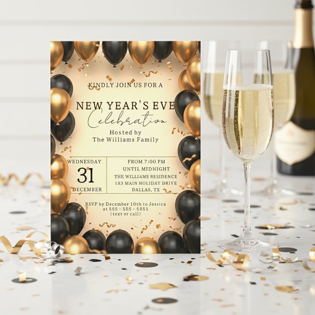 Opulent Black Gold Balloon Confetti New Year's Eve Invitation (Creator Uploaded)