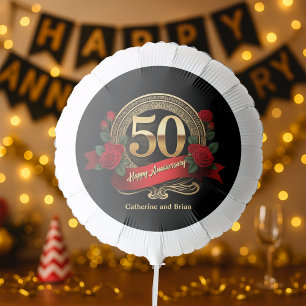 Opulent Black Gold Red Rose 50th Anniversary Party Balloon