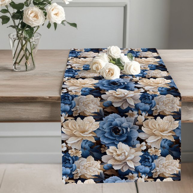 Opulent Blue and Ivory Floral Table Runner (Opulent Blue and Ivory Floral Table Runner)