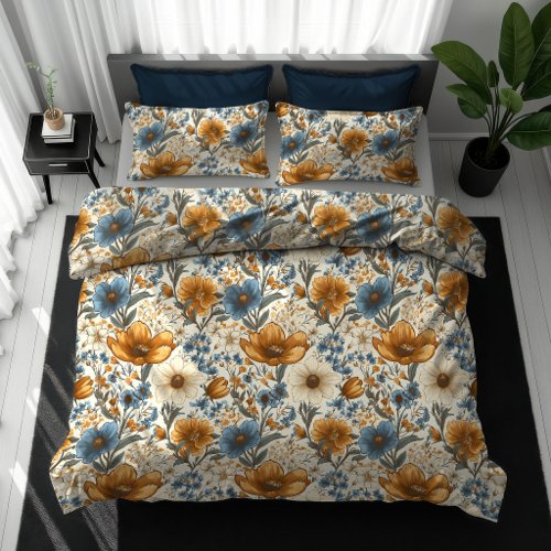 Opulent Blue Floral Terracotta Accent Boho Duvet Cover