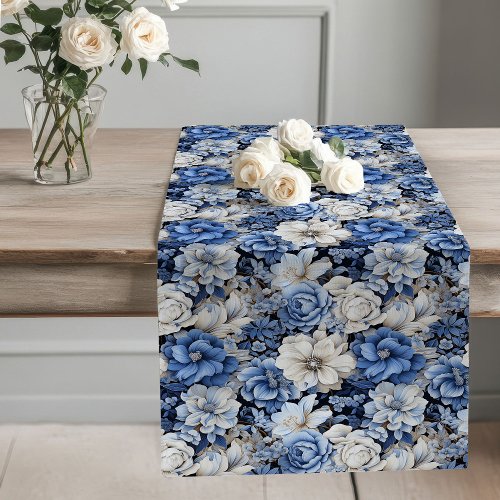 Opulent blue ivory floral elegant dining decor long table runner