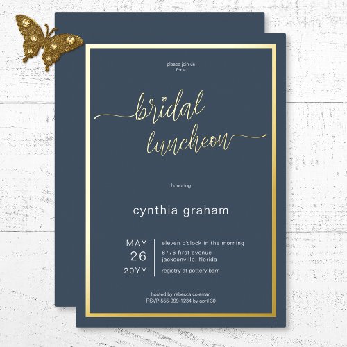 Opulent Blue Modern Minimal Bridal Luncheon Foil Invitation