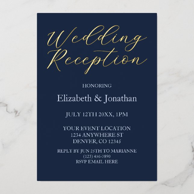 Opulent Blue Wedding Reception Foil Invitation (Front)