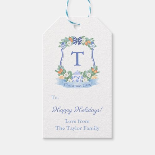 Opulent Blue White Citrus Wreath Happy Holidays Gift Tags