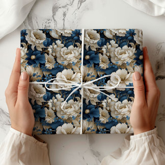 Opulent Blue White Ivory Floral Gift Wrapping Paper