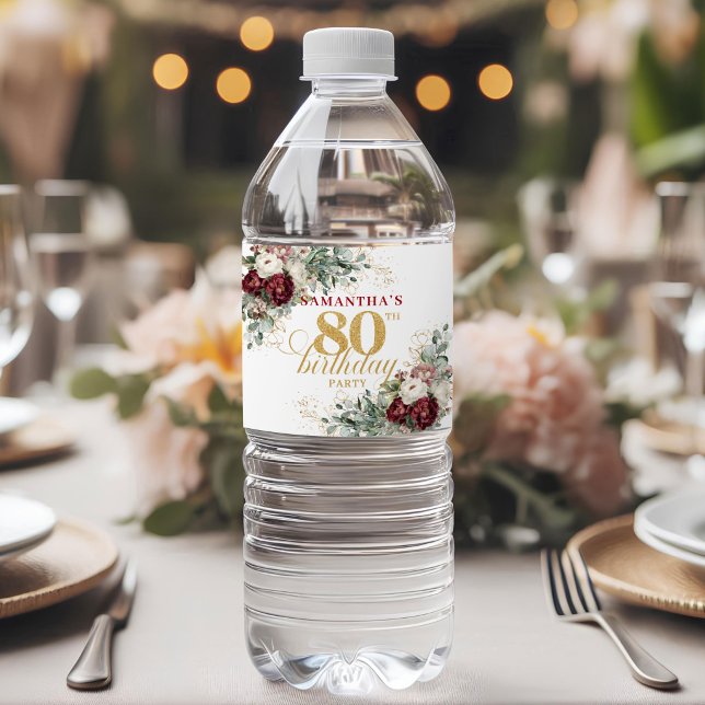 Opulent Blush Burgundy 80th Birthday Water Labels (Opulent Blush Burgundy 80th Birthday Water Labels)