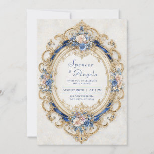Opulent Blush Pink Blue Gold Rococo Oval Frame Invitation