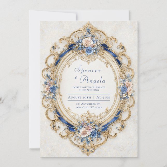 Opulent Blush Pink Blue Gold Rococo Oval Frame Invitation (Front)