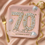 Opulent Blush Pink Gold Pearl Mosaic 70th Birthday Paper Plates<br><div class="desc">A masterpiece for a milestone. This "70th" birthday plate features a mosaic of elegant gold and white pearls,  set against a soft blush pink background with floating balloons and confetti. The perfect centerpiece for a sophisticated 70th birthday celebration.</div>