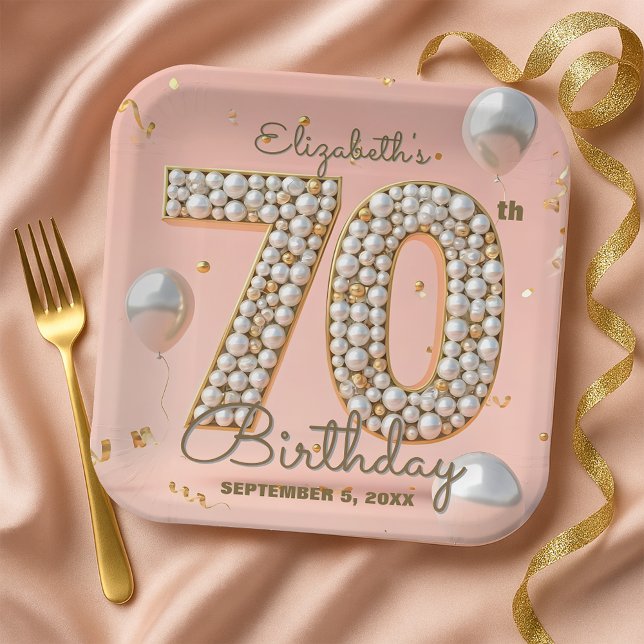 Opulent Blush Pink Gold Pearl Mosaic 70th Birthday Paper Plates (Creator Uploaded)