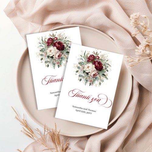 Opulent Boho Burgundy Floral Eucalyptus Thank You  Card