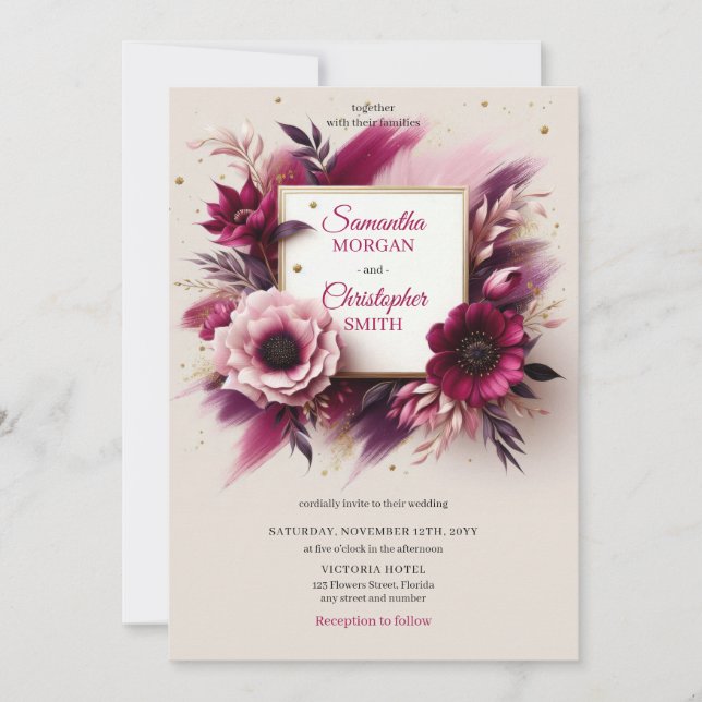 Opulent burgundy flowers and gold frame wedding invitation (Front)