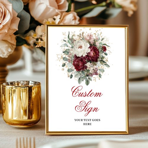 Opulent Burgundy Flowers Bohemian Gold Custom Sign