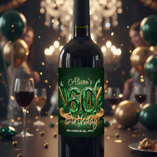Opulent Chic Emerald Green and Gold 60th Birthday Wine Label