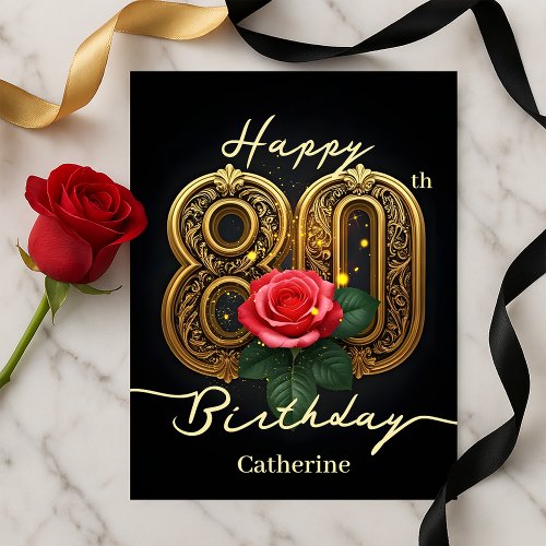 Opulent Chic Red Rose Gold Filigree 80th Birthday