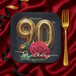 Opulent Chic Red Rose Ornate Golden 90th Birthday Paper Plates
