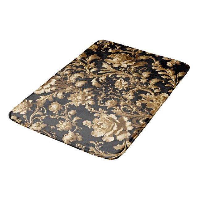 Opulent Comfort: Black and Gold Floral Bath Mat (Angled)
