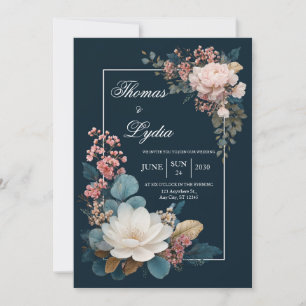 Opulent Contrast Midnight Blue Pink Floral Wedding Invitation