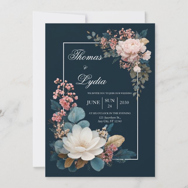 Opulent Contrast Midnight Blue Pink Floral Wedding Invitation (Front)
