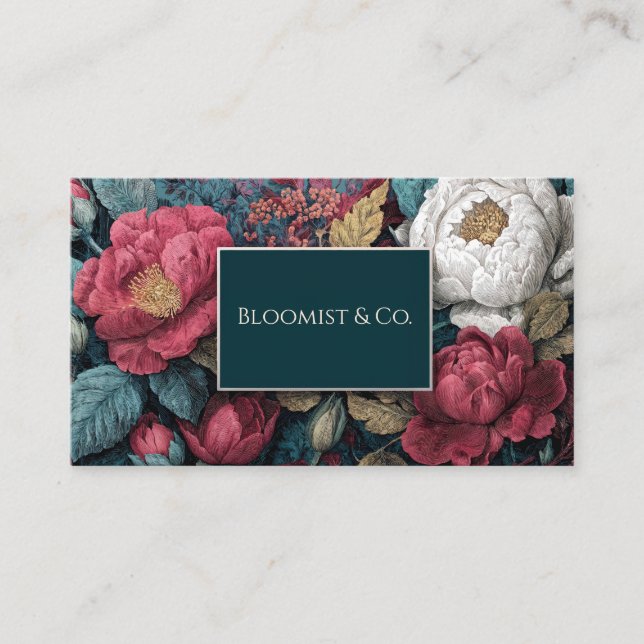 Opulent Dark Botanical Crimson White Peony Vintage Business Card (Front)