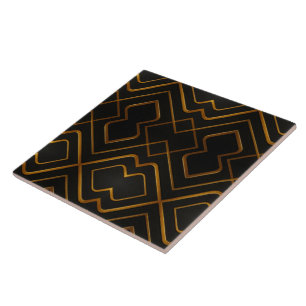 Opulent Deco Grid Full Liquid Gold Black Monochrom Ceramic Tile