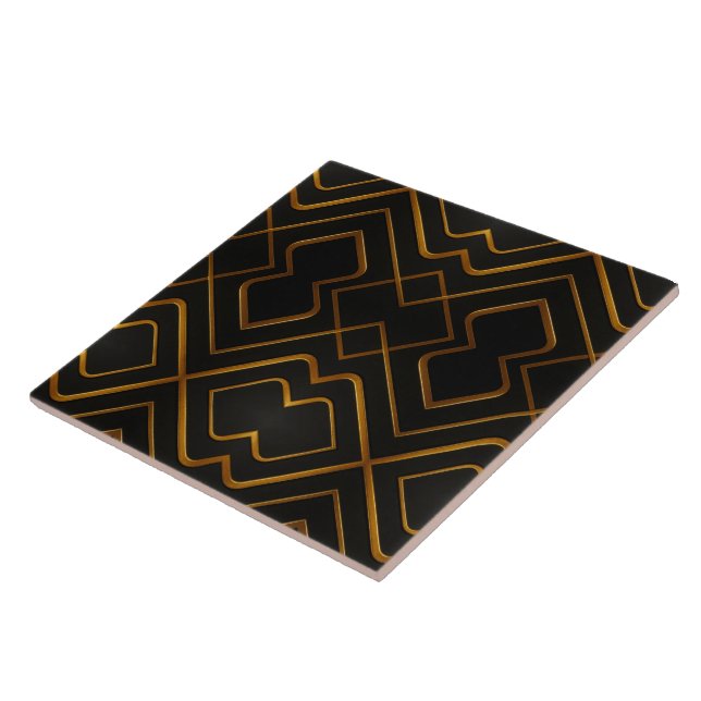 Opulent Deco Grid Full Liquid Gold Black Monochrom Ceramic Tile (Side)