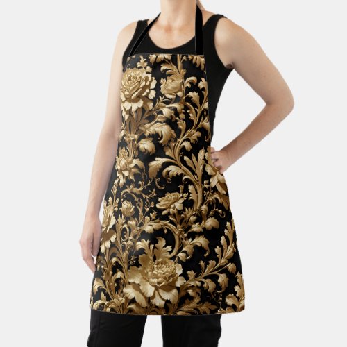 Opulent Elegance Black and Gold Floral Baroque Apron