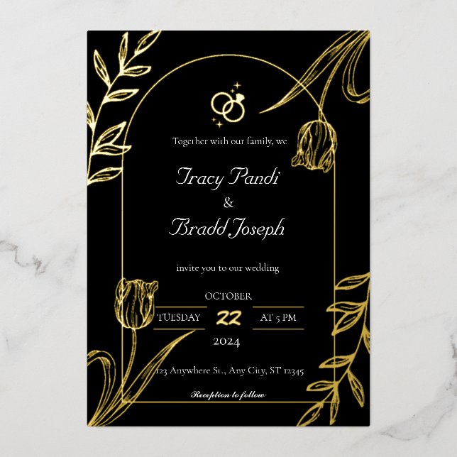 Opulent Elegance: Black and Gold Wedding  Foil Invitation (Front)