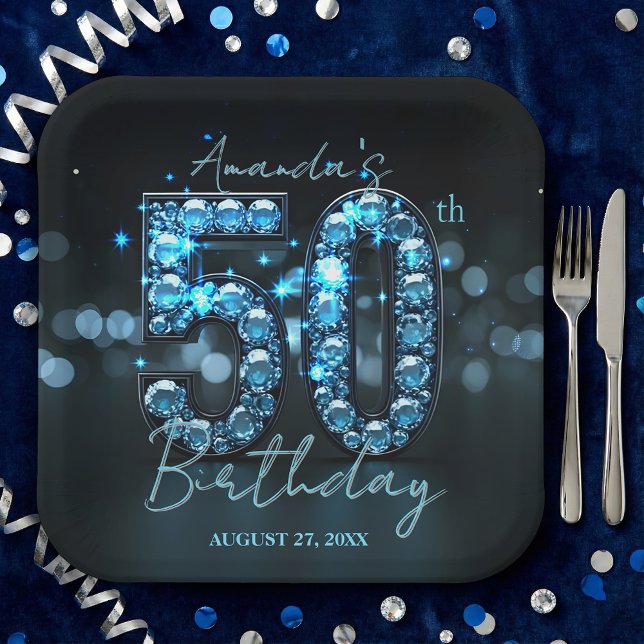 Opulent Elegant Teal Blue Diamonds 50th Birthday Paper Plates (Creator Uploaded)