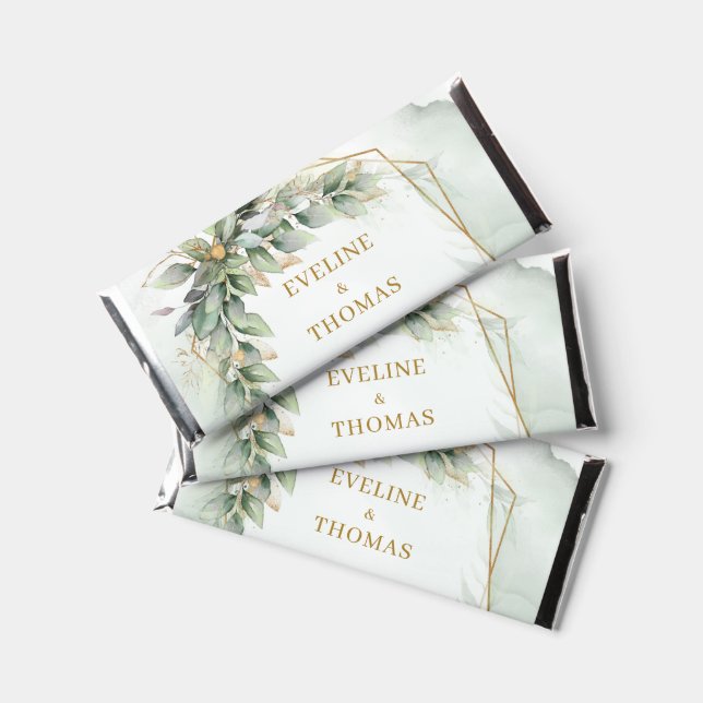 Opulent eucalyptus greenery and gold wedding hershey bar favors (Front)