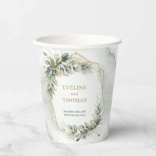 Opulent eucalyptus greenery and gold wedding paper cups