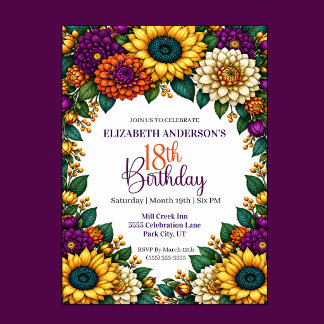 Opulent Fall Flower 18th Birthday Invitation