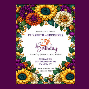 Opulent Fall Flower 25th Birthday Invitation