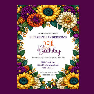 Opulent Fall Flower 25th Birthday Invitation