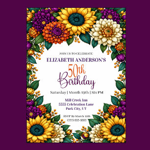 Opulent Fall Flower 50th Birthday Invitation