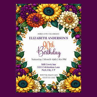 Opulent Fall Flower 90th Birthday Invitation