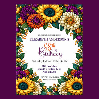 Opulent Fall Flower 98th Birthday Invitation