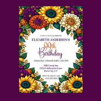Opulent Fall Flower 99th Birthday Invitation