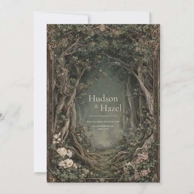 Opulent Gnarled Tree Forest Archway Dark Floral Invitation (Front)