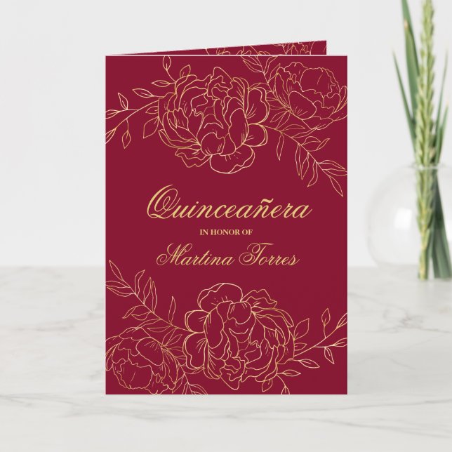 Opulent Gold and Burgundy Red Floral Quinceanera Invitation (Front)