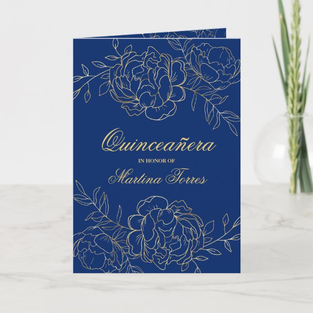 Opulent Gold and Royal Blue Floral Quinceanera Invitation (Front)