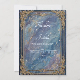 Opulent Gold Baroque Celestial Blue Marble Wedding Invitation