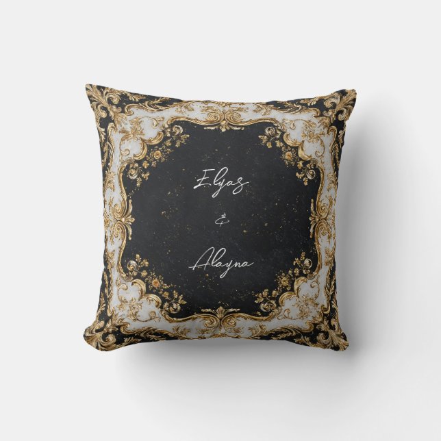 Opulent Gold Baroque Frame Black Stone Royal Throw Pillow (Front)