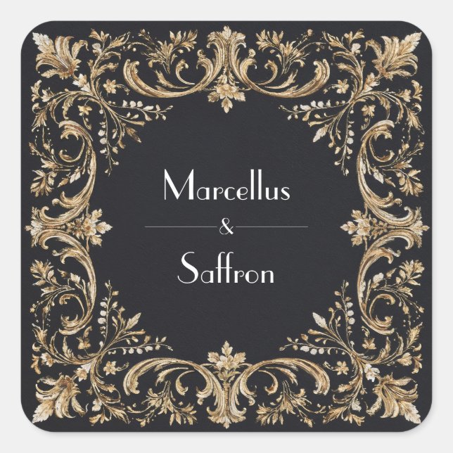 Opulent Gold Baroque Ornate Black Wedding Square Sticker (Front)