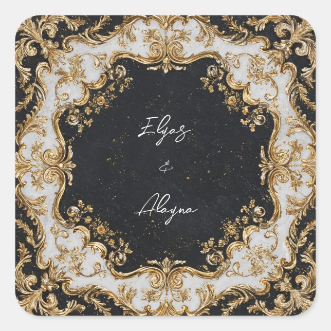 Opulent Gold Baroque Ornate White Black Wedding Square Sticker (Front)