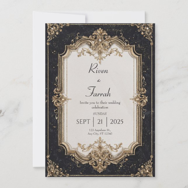 Opulent Gold Baroque Sculptural Black Tie Wedding Invitation (Front)