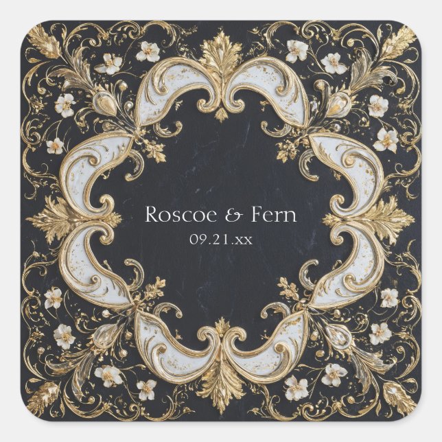 Opulent Gold Baroque White Floral Black Wedding Square Sticker (Front)