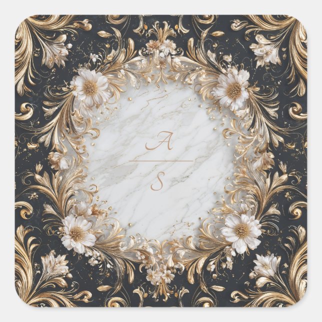 Opulent Gold Baroque White Marble Circle Square Sticker (Front)