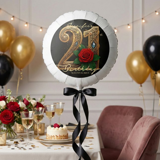 Opulent Gold Filigree Red Rose 21st Birthday Party Balloon (Creator Uploaded)