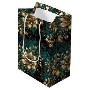 Opulent Gold Floral & Teal Marble Damask Medium Gift Bag